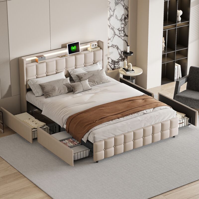 foto del prodotto tanant letto con cassetti 160x200 cm con 4 cassetti e testiera, porta di ricarica usb e type c, rete a doghe, con illuminazione led, contenitore,