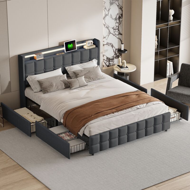 foto del prodotto tanant letto con cassetti 160x200 cm con 4 cassetti e testiera, porta di ricarica usb e type c, rete a doghe, con illuminazione led, contenitore,