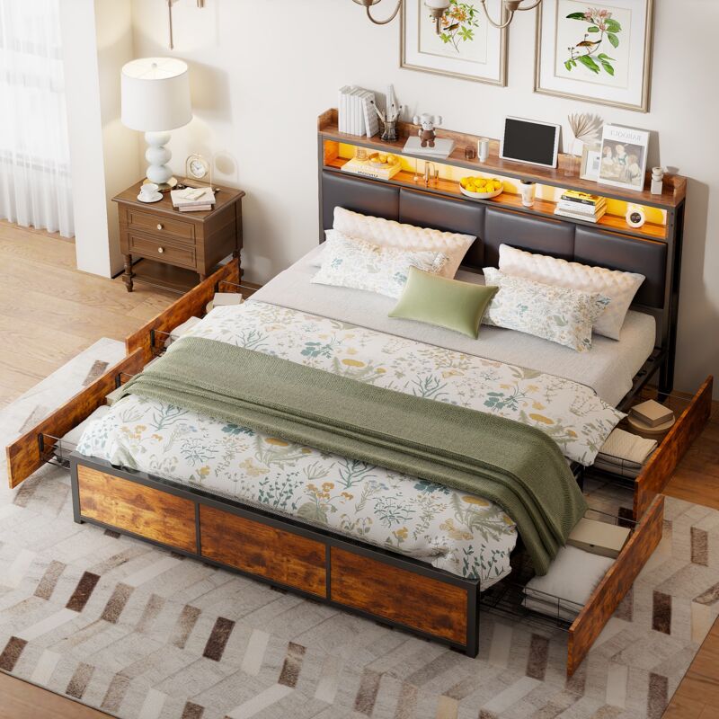 immagine 0 del prodotto tanant letto con cassetti 180x200cm, letto matrimoniale con 4 cassetti e testiera illuminata a led, base in metallo, letto per adulti in stile