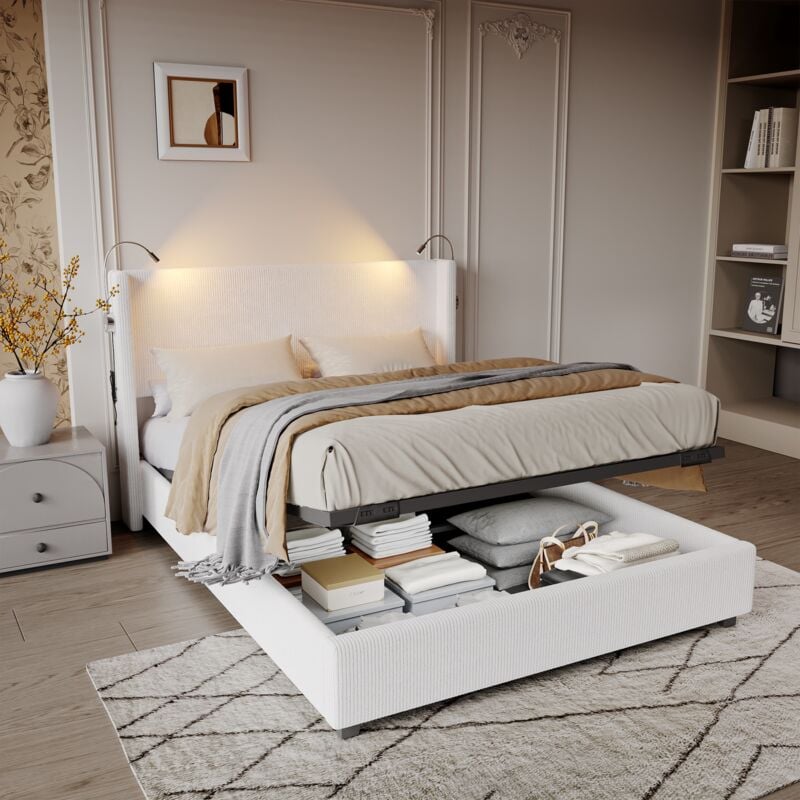 foto del prodotto tanant letto contenitore 140x200 cm, velluto a coste, testiera con 2 luci di lettura e porte usb, giroletto, contenitore, rete a doghe, letto