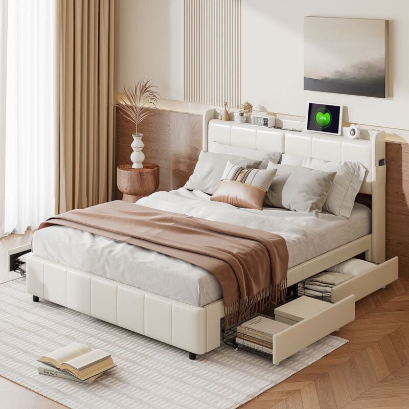 foto del prodotto tanant letto matrimoniale 140x200 cm con 4 cassetti, porte di ricarica usb e type c, letto per adulti con testiera illuminata a led, rete a
