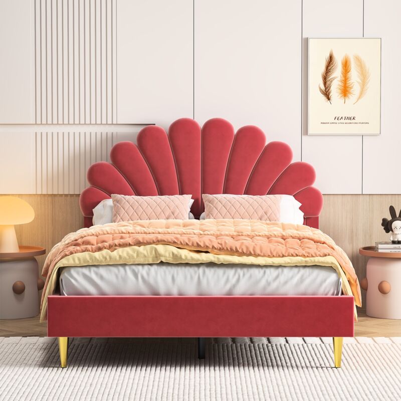foto del prodotto tanant letto matrimoniale 140x200 cm letto principessa con testiera a petalo, rete a doghe, giroletto, letto per ragazzi, velluto, letto per