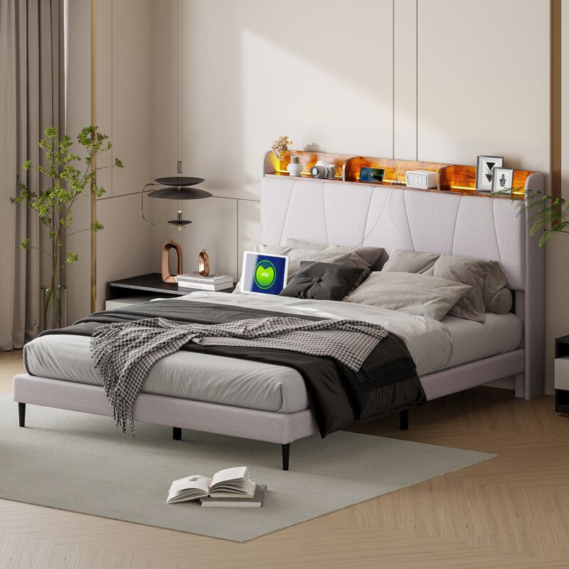 foto del prodotto tanant letto matrimoniale 140x200cm, lenzuola, struttura letto con testiera contenitore con 2 usb 1tpcy c, illuminazione led, rete a doghe, letto