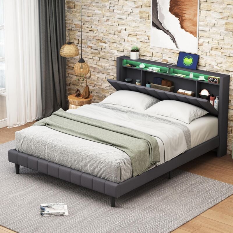 foto del prodotto tanant letto matrimoniale 160x200 cm, con testiera contenitore, illuminazione led e ricarica usb, rete a doghe, adatto per adolescenti, lino