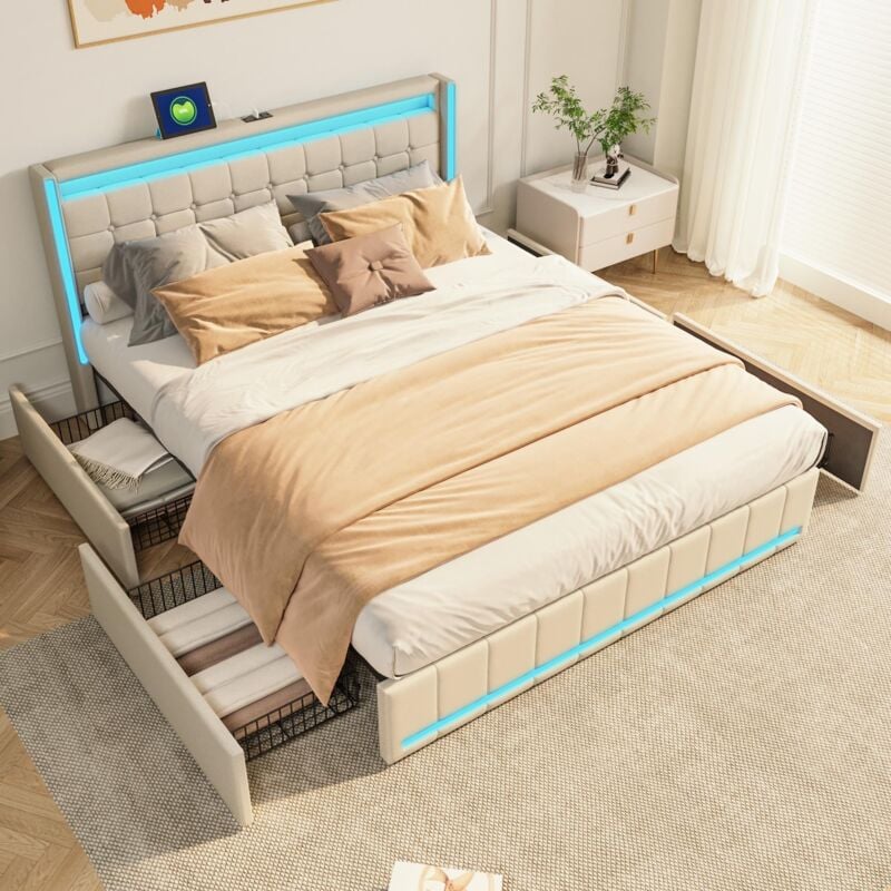 foto del prodotto tanant letto matrimoniale 160x200 cm giroletto, letto matrimoniale con 4 cassetti portaoggetti e testiera con illuminazione a led, usb typc c,