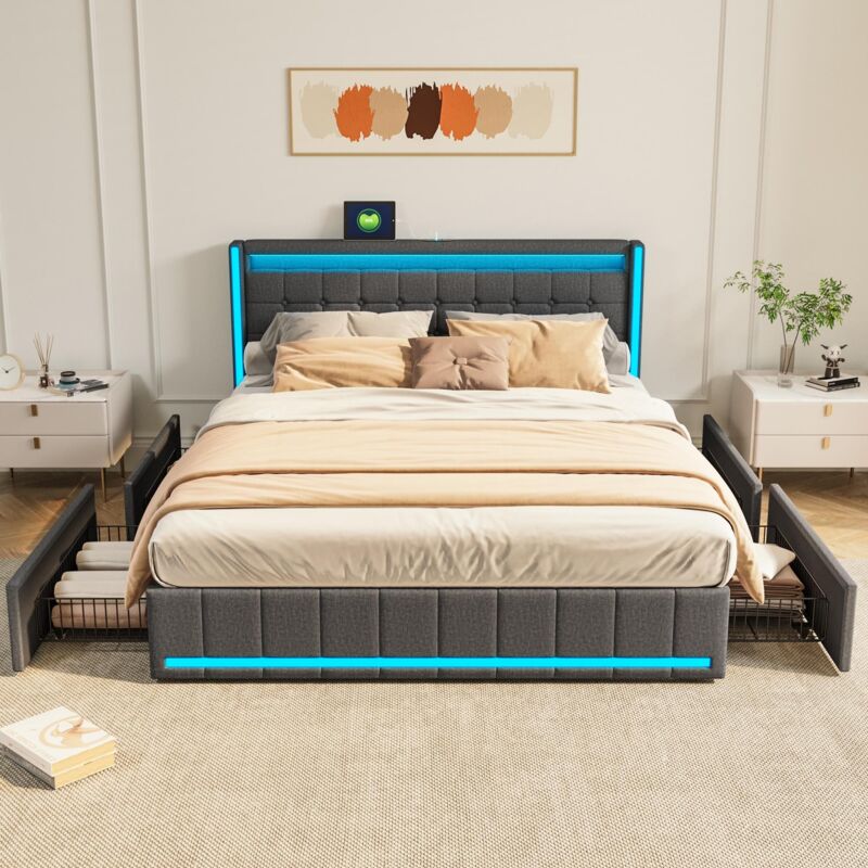 foto del prodotto tanant letto matrimoniale 160x200cm con 4 cassetti, rete a doghe, testiera illuminata a led con usb typc c, tessuto di lino, letto imbottito per