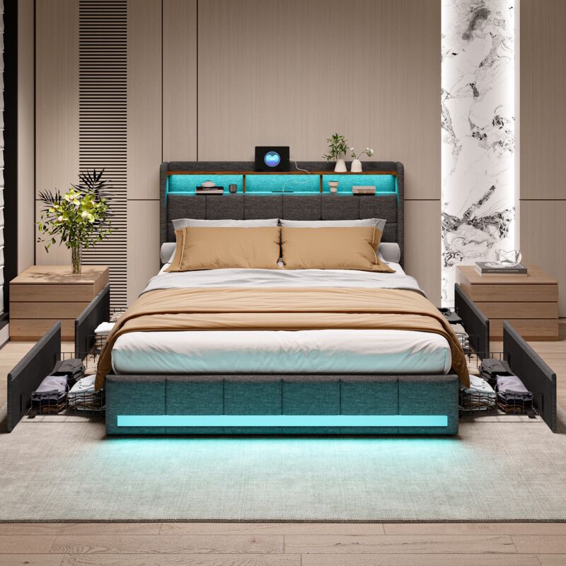 foto del prodotto tanant letto matrimoniale 160x200cm, con testiera illuminata a led, 4 cassetti e 2 porte di ricarica usb, rete a doghe, letto matrimoniale