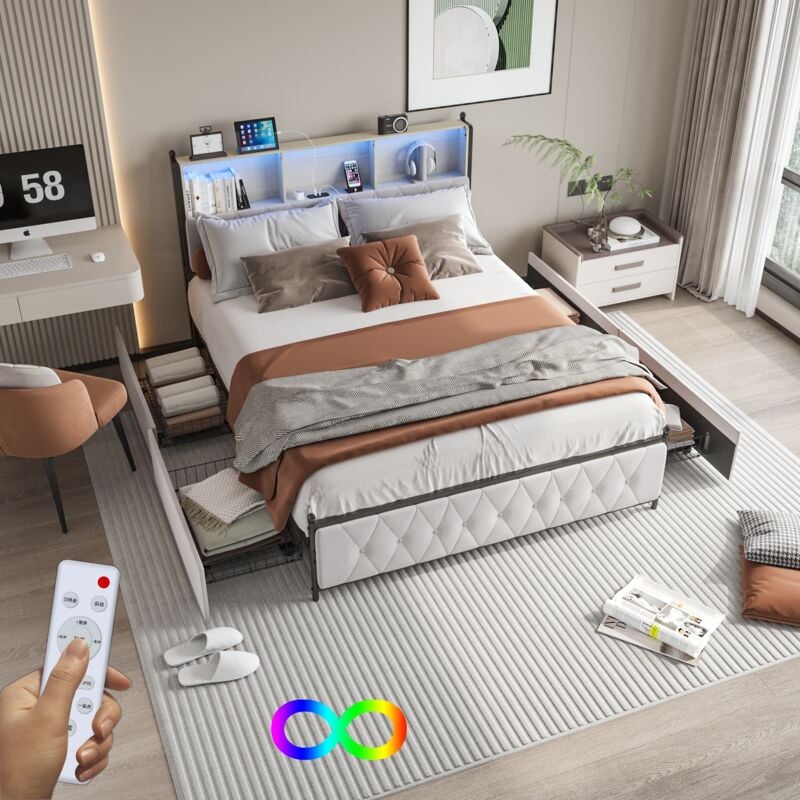 foto del prodotto tanant letto matrimoniale con cassetti 140x200 cm, porta di ricarica usb type c sulla testiera, illuminazione d atmosfera, 4 cassetti, rete a