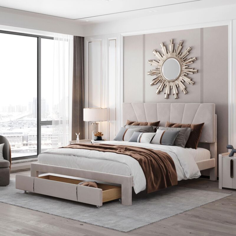 foto del prodotto tanant letto matrimoniale con cassetti 140x200 cm, schienale comodo, con cassetti e testiera, velluto, letto per adulti e ragazzi, letto per adulti