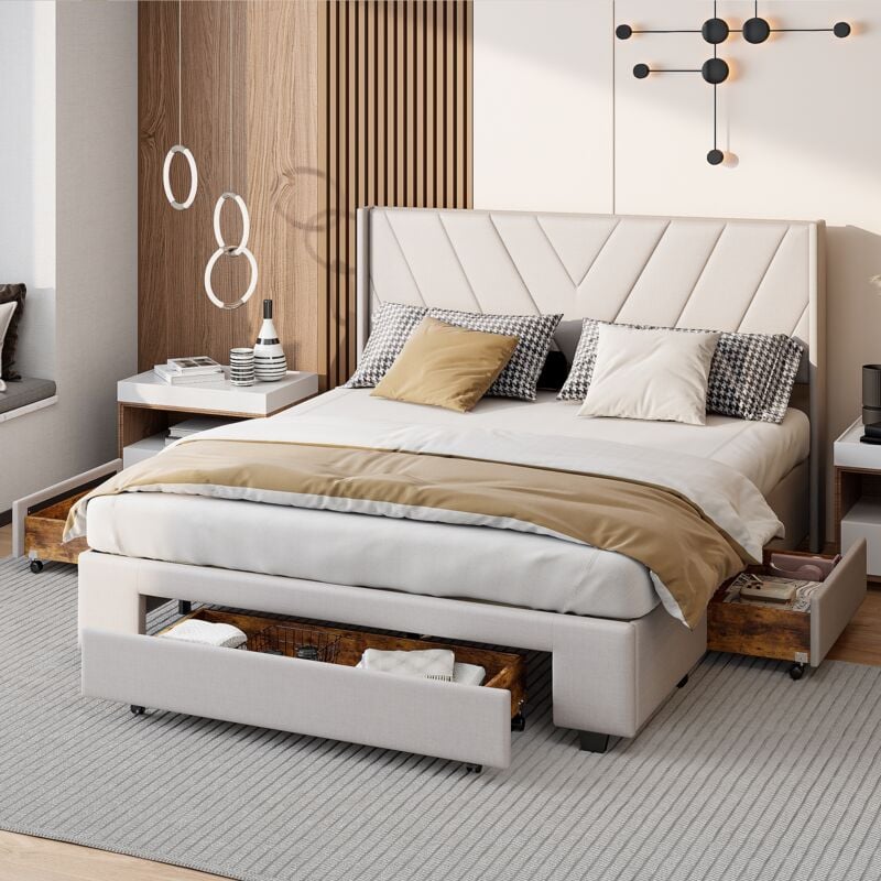 foto del prodotto tanant letto matrimoniale con cassetti 140x200 cm, tessuto di lino, con 3 cassetti, testiera a righe e rete a doghe, struttura in metallo, letto