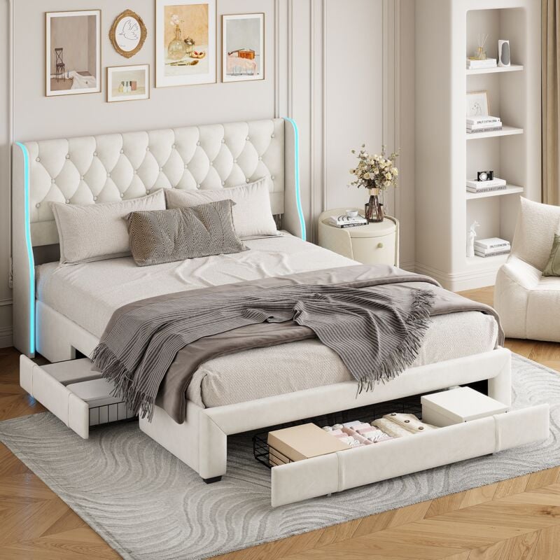 foto del prodotto tanant letto matrimoniale con cassetti 160x200cm con 3 cassetti, letto con testiera decorata con rivetti, illuminazione a led, rete a doghe,