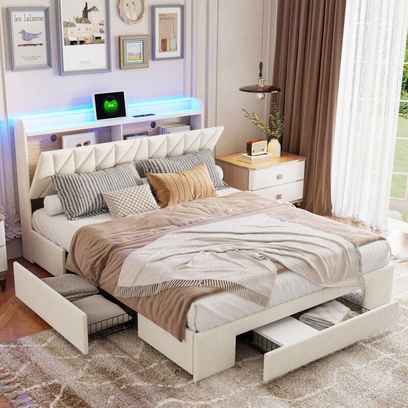 foto del prodotto tanant letto matrimoniale con cassetti 160x200cm, con 3 cassetti, testiera pieghevole, contenitore con illuminazione a led, porta di ricarica usb,