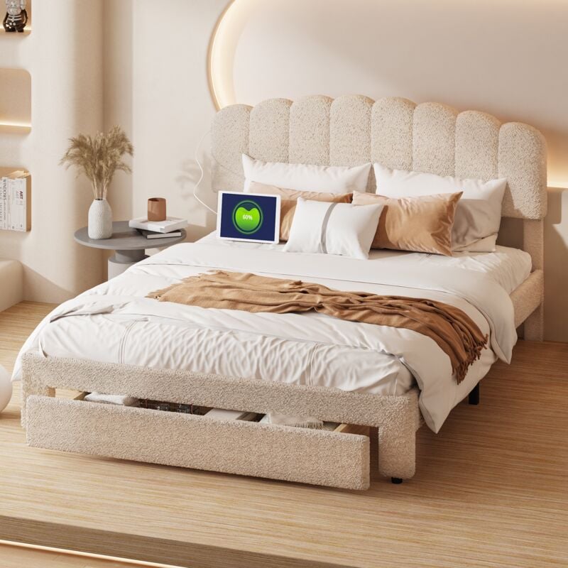 foto del prodotto tanant letto matrimoniale con cassetto 140x200cm, con 1 cassetto, ampio contenitore, rete a doghe, testiera regolabile in altezza, letto per adulti