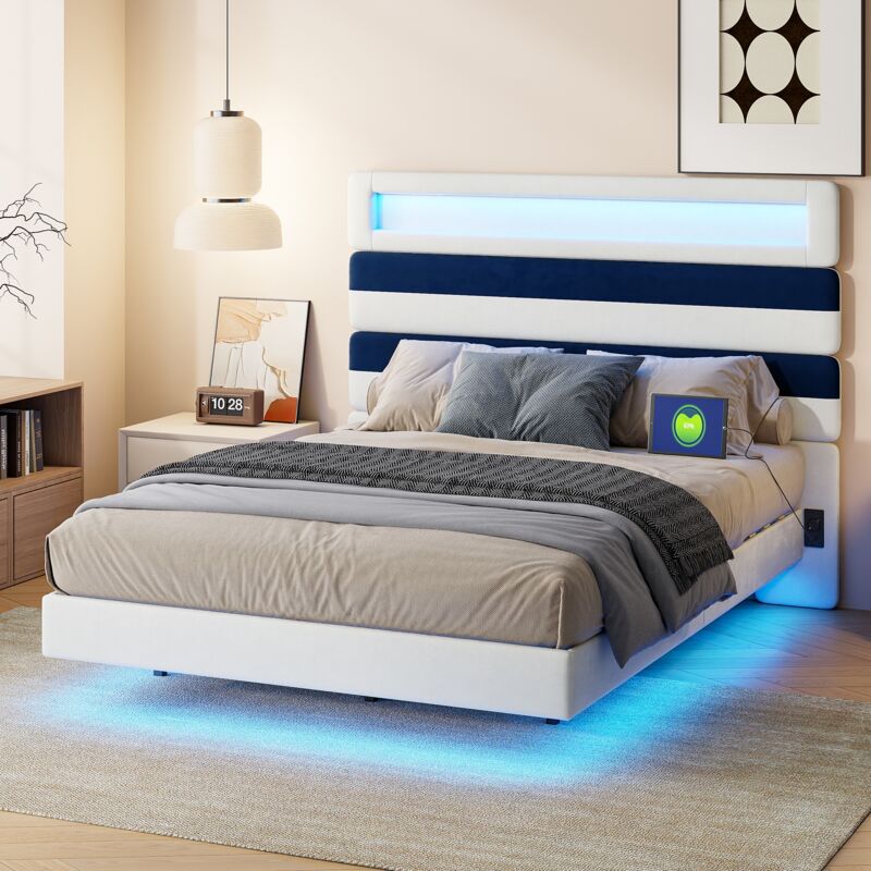 foto del prodotto tanant letto per adulti 140x190 cm, mdf, letto sospeso con testiera a righe, letto matrimoniale con porta di ricarica usb e illuminazione a led,