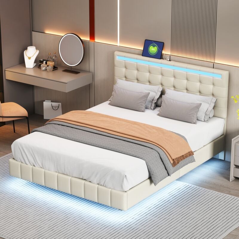 foto del prodotto tanant letto per adulti 140x200 cm, letto galleggiante con led e 2 porte usb, testiera regolabile, rete a doghe, letto matrimoniale in stile