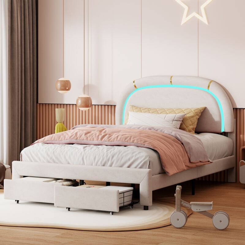 foto del prodotto tanant letto per adulti 140x200cm con 2 cassetti, flanella, giroletto, letto principessa con illuminazione a led, testiera regolabile, rete a