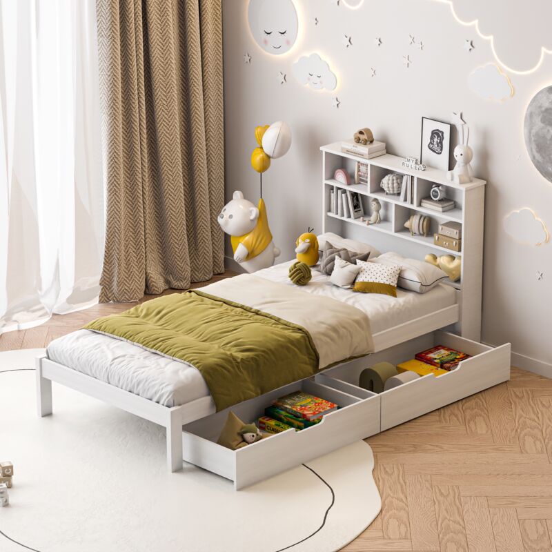 foto del prodotto tanant letto singolo 90x200 cm con 2 cassetti, testiera con libreria, rete a doghe, letto in legno massiccio, letto per ragazzo, letto per ragazza,