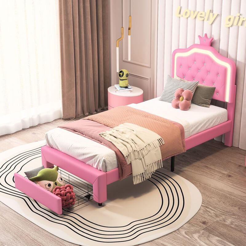 foto del prodotto tanant letto singolo con cassetti 90x200 cm testiera a corona da principessa, letto per bambini con illuminazione a led e 1 cassetto, rete a