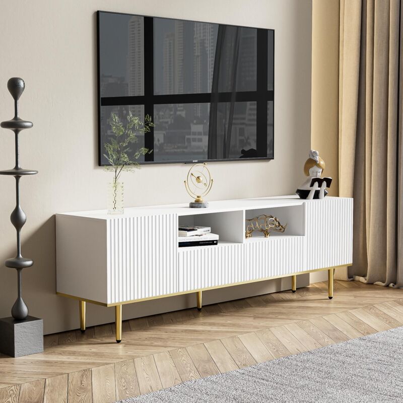 foto del prodotto tanant meuble tv moderne 165cm avec 2 compartiments et 2 tiroirs, grand rangement, pieds m tal, style contemporain blanc