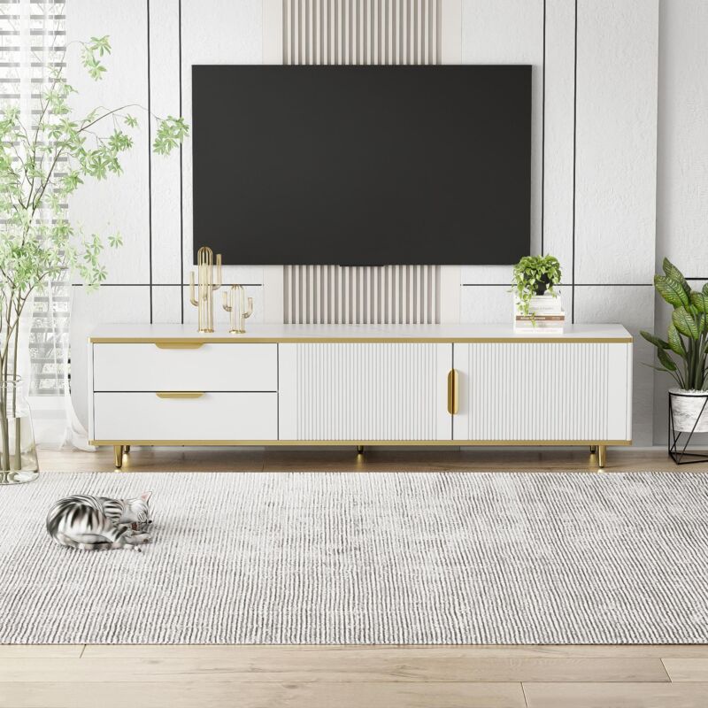 foto del prodotto tanant meuble tv scandinave 175cm texture de marbre avec 2 tiroirs et 2 portes, plaque basse texture sculpt e, poign es et pieds dor s,