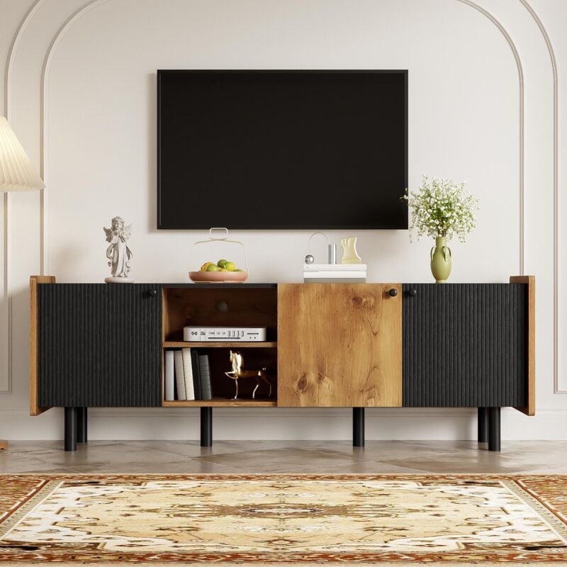 foto del prodotto tanant mobile tv 160cm con 2 divisori aperti e 3 ante, maniglie nere, spazio di archiviazione, design bicolore, mobile tv nero, stile contemporaneo