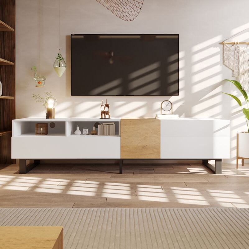 foto del prodotto tanant mobili tv 180 cm con 2 cassetti e divisori aperti, gambe in metallo, bianco e effetto legno, mobile tv bianco moderno 180 x 50 x 38 cm