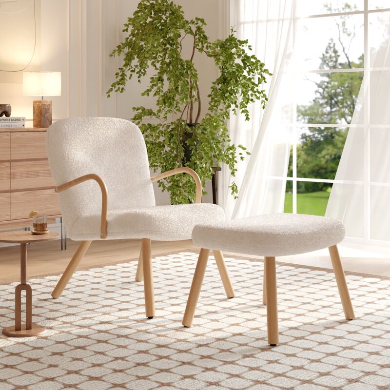 foto del prodotto tanant poltrona scandinava, con poggiapiedi, con schienale alto e braccioli, comoda poltrona per soggiorno e camera da letto, beige