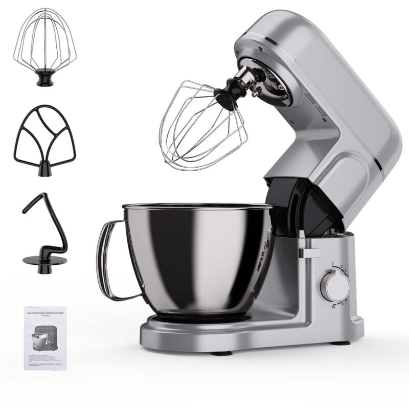 foto del prodotto tanant robot da pasticceria professionale 1000w argento robot da cucina multifunzione con frusta, frusta, gancio con 1 ciotola in acciaio