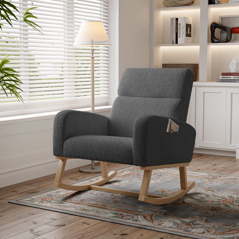 foto del prodotto tanant sedia a dondolo, comoda sedia a dondolo in tessuto comoda poltrona con tasche laterali, stile scandinavo, schienale imbottito grigio