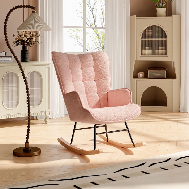 foto del prodotto tanant sedia a dondolo in tessuto, comoda sedia a dondolo con braccioli e schienale imbottito, gambe in legno massello, stile scandinavo, rosa