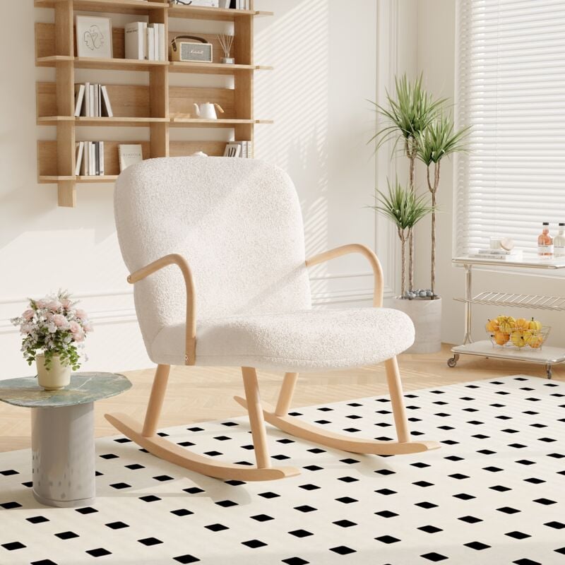foto del prodotto tanant sedia a dondolo scandinava, poltrona a dondolo schienale comodo, con gambe in legno, poltrona a dondolo con braccioli, sherpa beige