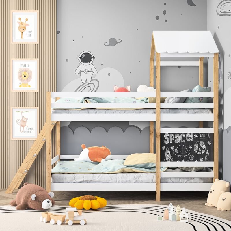 foto del prodotto tanant strutture letto a castello 90x200cm, struttura in legno massello, scale e pannello graffiti, recinzione di sicurezza, rete a doghe, letto
