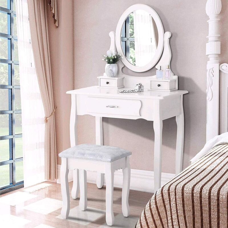 foto del prodotto tanant toletta vintage 75x40x136 cm con sgabello e specchio ovale 360 e 3 cassetti, stile vintage bianco