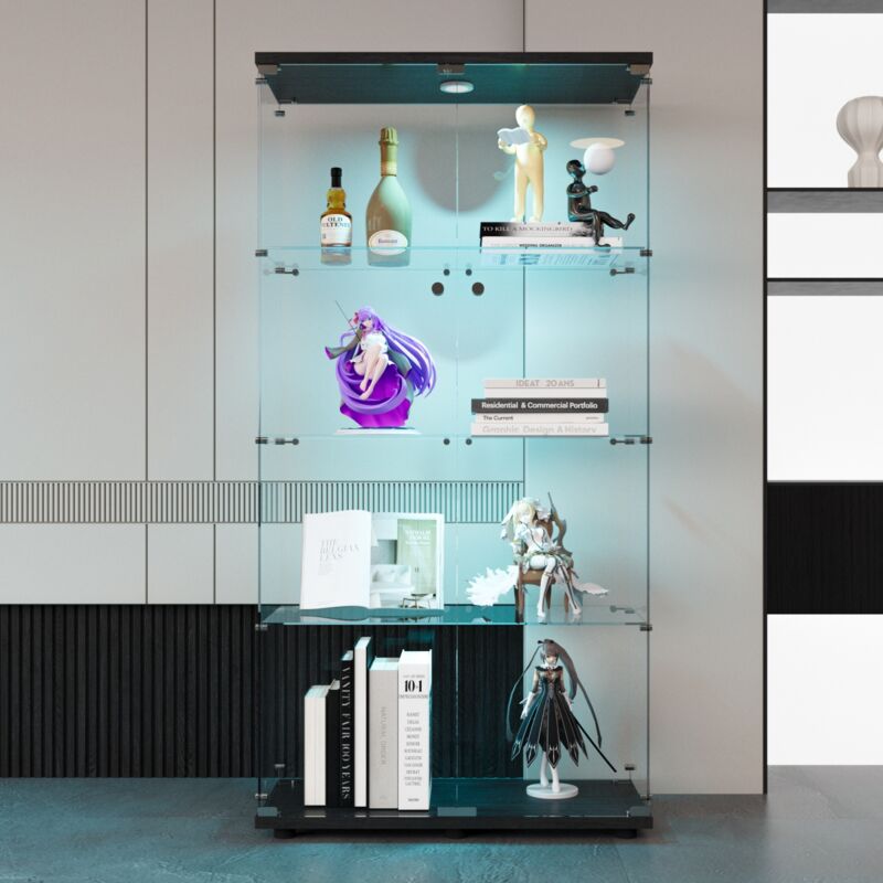 foto del prodotto tanant vetrine in vetro con 4 ripiani, con illuminazione a led, libreria in vetro nero per soggiorno, cantina per vini in vetro temperato, camera