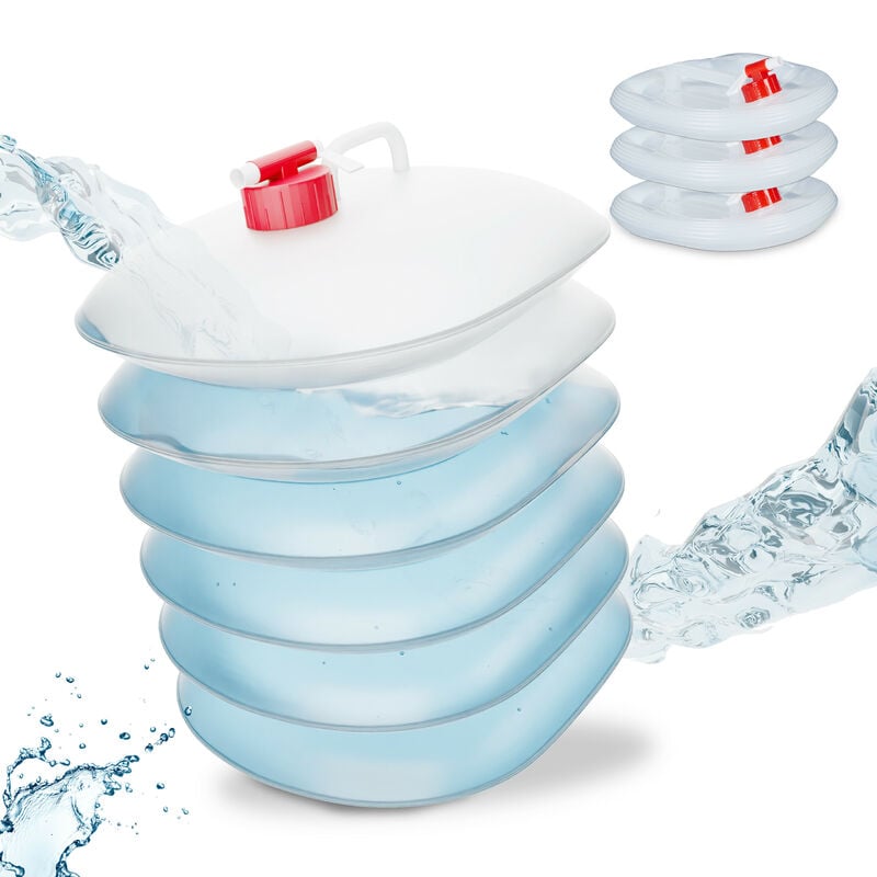 foto del prodotto tanica da campeggio pieghevole, in set da 4, recipienti con rubinetto, senza bpa, 10 l, trasparente rosso relaxdays