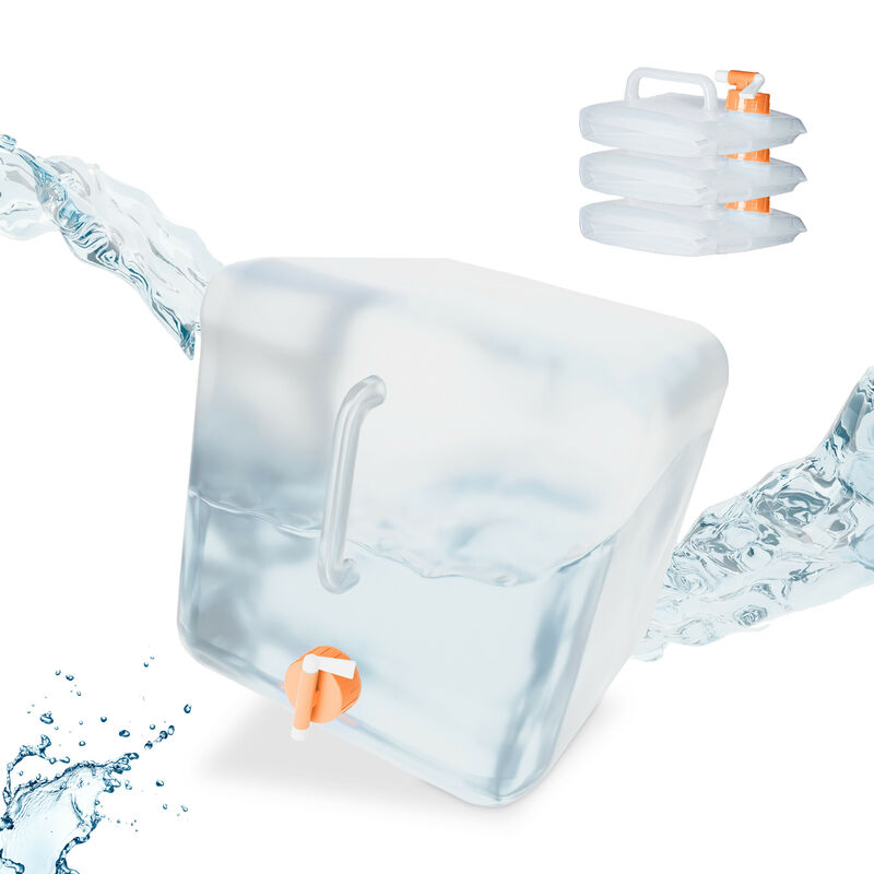 foto del prodotto tanica da campeggio pieghevole, set da 4, con rubinetto, plastica senza bpa, 20 litri, trasparente arancione relaxdays