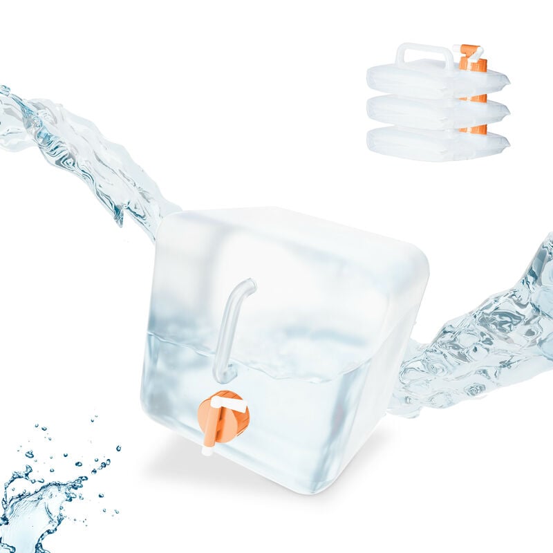 foto del prodotto tanica da campeggio pieghevole, set da 4, con rubinetto, plastica senza bpa, 5 litri, trasparente arancione relaxdays