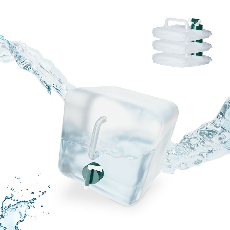 foto del prodotto tanica da campeggio pieghevole, set da 4, recipienti con rubinetto, senza bpa, 5 litri, trasparente verde relaxdays