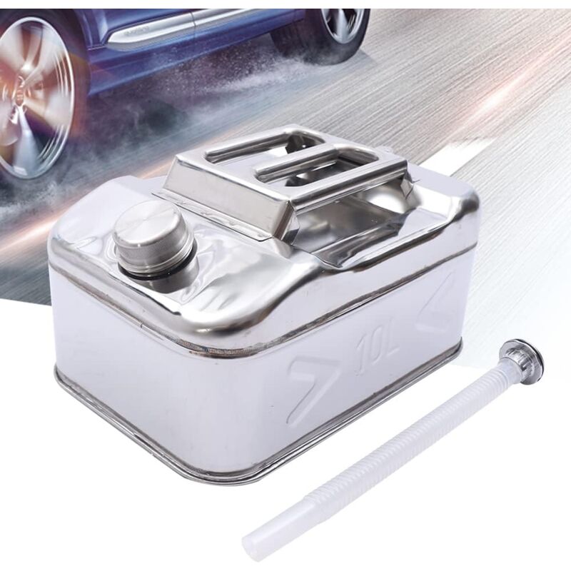 foto del prodotto tanica per benzina da 10 l, tanica di riserva per benzina, in acciaio da 0,8 mm, in acciaio inox, con tubo, olio, benzina, diesel, serbatoio di