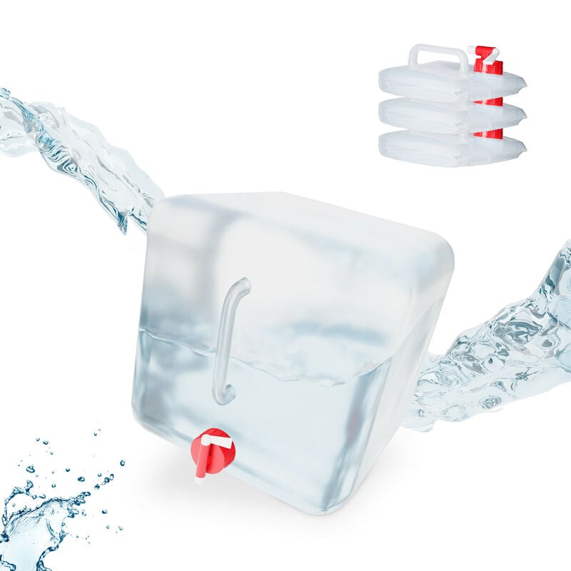 foto del prodotto tanica pieghevole, set 4 contenitori, rubinetto,coperchio svitabile, manico, bpa free, 15 l, trasparente rosso relaxdays