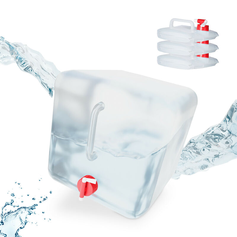 foto del prodotto tanica pieghevole, set 4 contenitori, rubinetto,coperchio svitabile, manico, bpa free, 20 l, trasparente rosso relaxdays