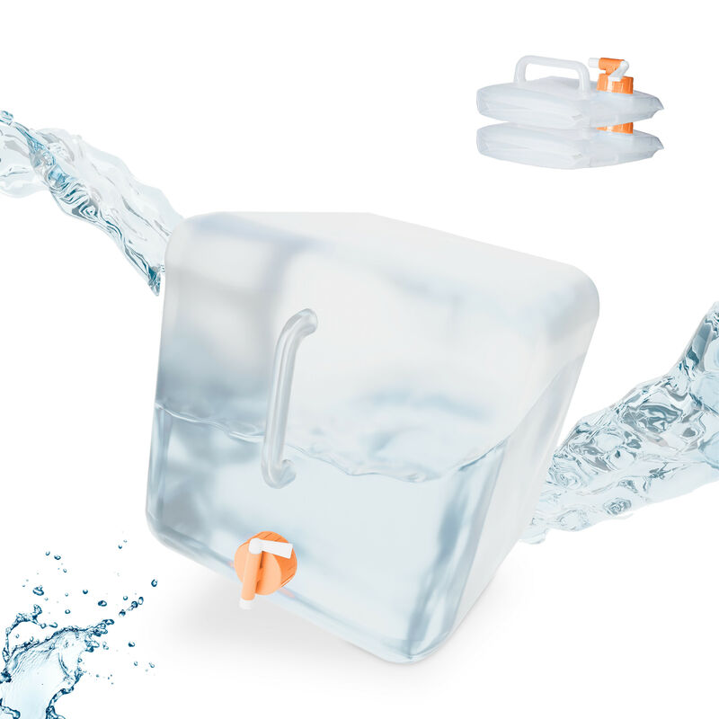 foto del prodotto taniche pieghevoli, set da 3, 20 litri, contenitore con rubinetto, plastica bpa free, trasparente arancione relaxdays