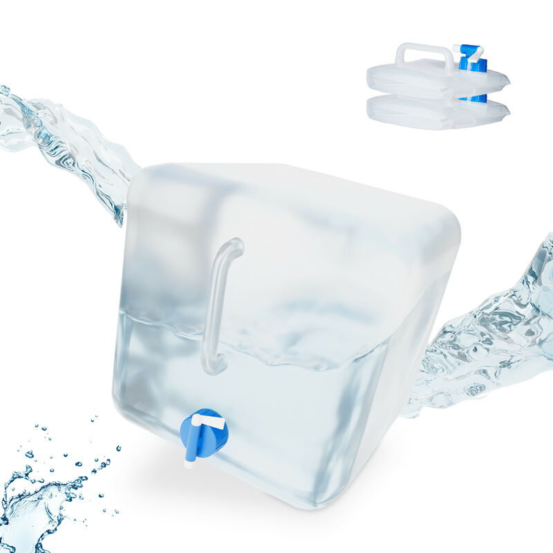 foto del prodotto taniche pieghevoli, set da 3, 20 litri, contenitore con rubinetto, plastica bpa free, trasparente blu relaxdays