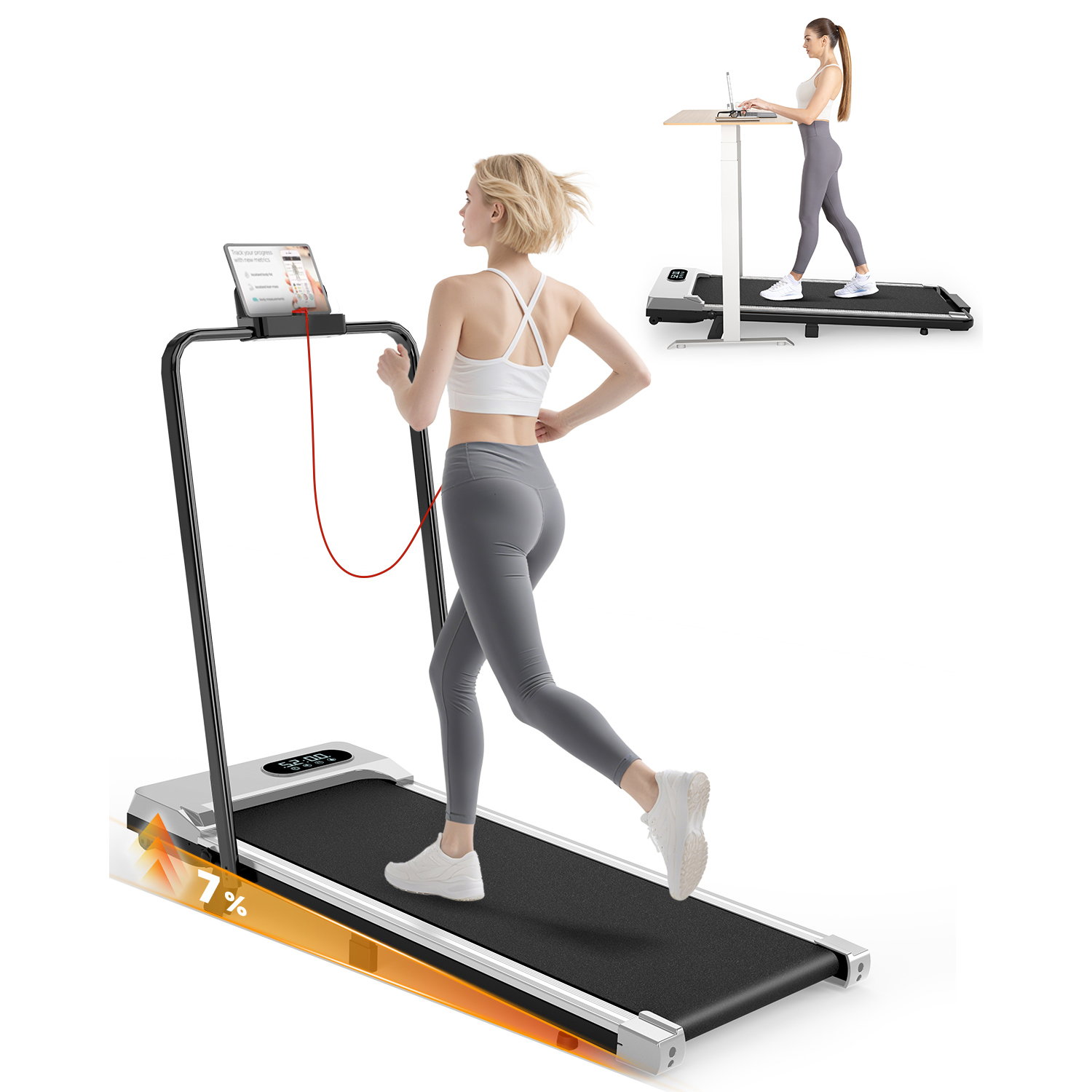 foto del prodotto tapis roulant elettrico pieghevole 1 8 km h rattantree con inclinazione, display a led, supporto per app e tablet portante 145kg silver