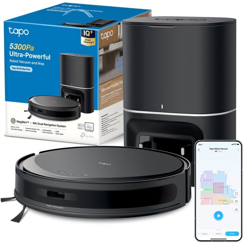 foto del prodotto tapo rv20 max plus robot aspirapolvere lavapavimenti con mappatura 5300pa, svuotamento automatico polvere 3l, navigazione lidar magslim, design