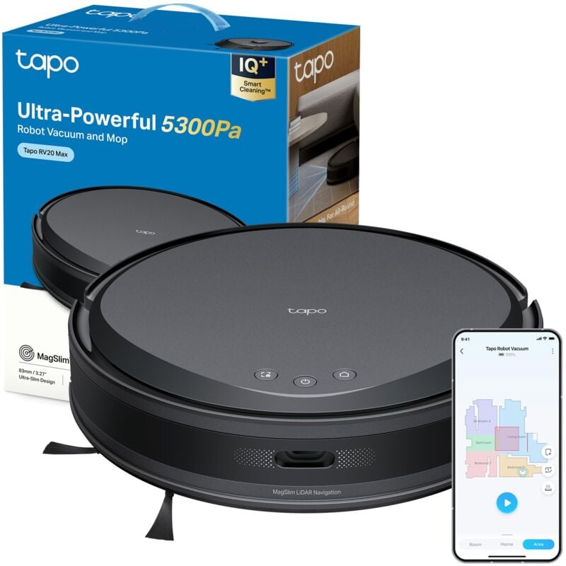 foto del prodotto tapo rv20 max robot aspirapolvere lavapavimenti con mappatura, aspirazione 5300pa, navigazione lidar magslim, zone no go e muri virtuali, design