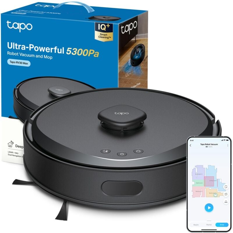 foto del prodotto tapo rv30 max robot aspirapolvere lavapavimenti con mappatura 5300pa, doppia navigazione lidar imu, zone no go e muri virtuali, controllo