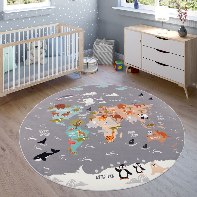 foto del prodotto tappeti da gioco a pelo corto colorati per camerette dei bambini con diversi motivi 160 cm tondo, grigio 3 paco home