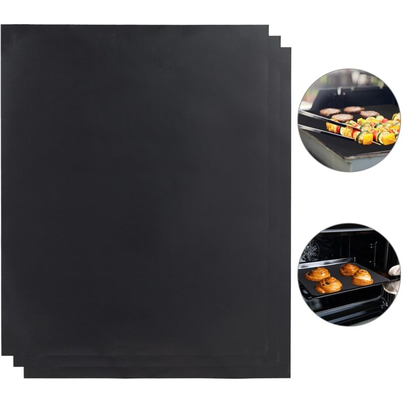 foto del prodotto tappetini da bbq, set 3 tappeto in antiaderente, riutilizzabili, accessori barbecue,0,3 mm,40x50 cm, nero relaxdays