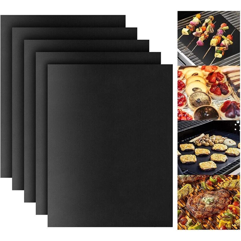 foto del prodotto tappetini per griglia riutilizzabili, confezione da 5, tappetini antiaderenti, accessori per griglie a gas, a carbone ed elettriche 50 x 40 cm , nero